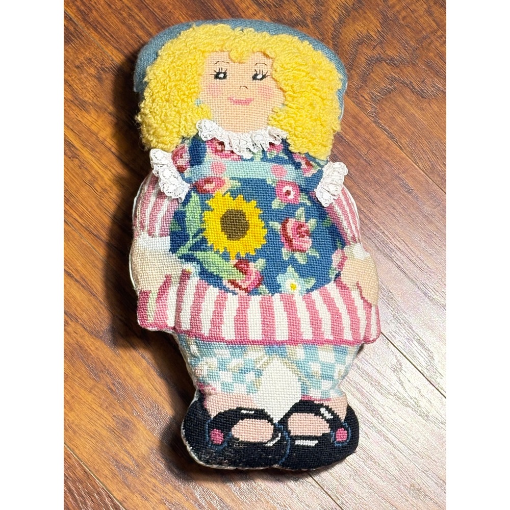 Vintage Handmade Needlepoint Doll Pillow Sunflower Girl Lace Ticking Stripe 13"